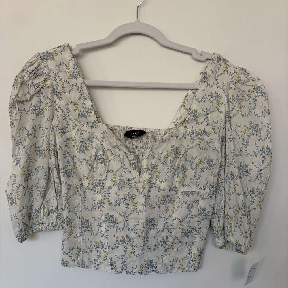 Vici Cream and Blue Floral Blouse